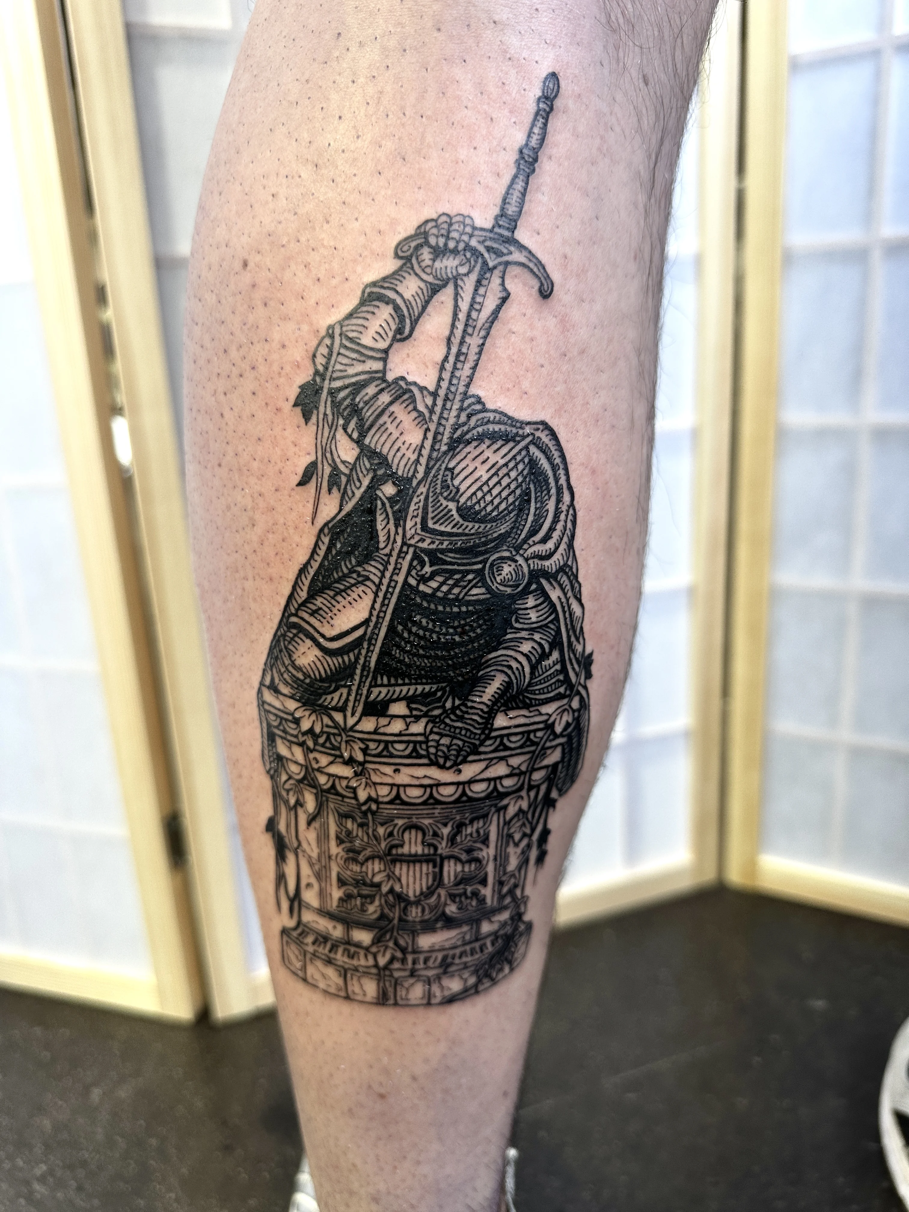 Woodcut tattoo by Mateo Pardo